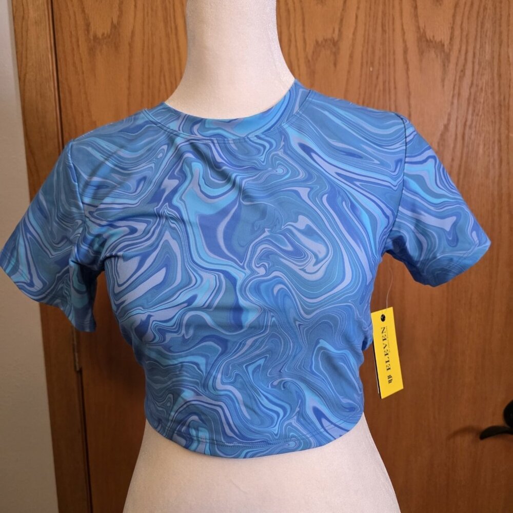 EleVen by Venus Williams Arctic Blue Marble Cropped Tie Back Tee | Size S | NWT